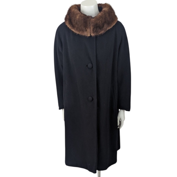 Vintage Jackets & Blazers - Vintage 60s Fur Collar Cashmere Coat Jacket Womens Medium Black Mink Brown